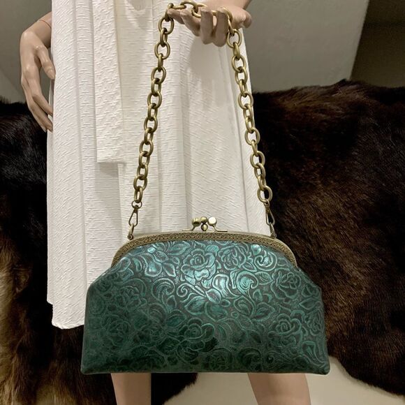 Handsewn Genuine Cowhide Floral Embossed Double Kiss-lock Bag & 2 Chain Styles - Picture 4 of 16